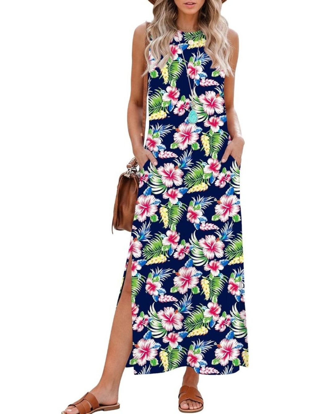 Women's Navy Red Summer Maxi Long Dress Sleeveless Side Slit Casual With Pockets